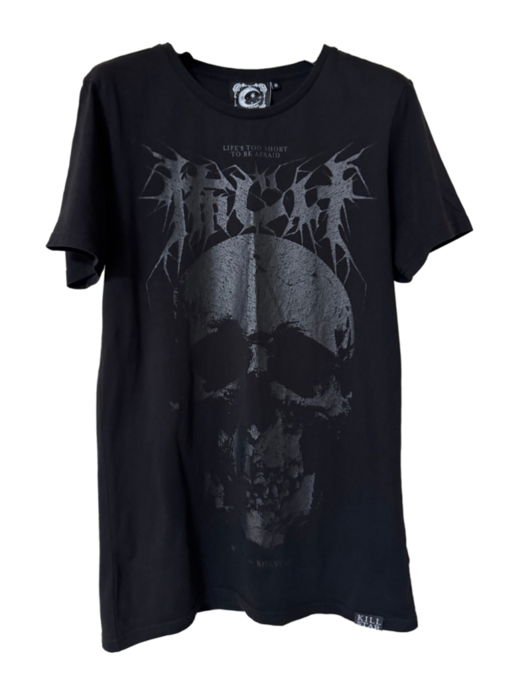 Killstar Women’s Unisex Fearless Black on Black Skull Graphic Shirt Size S